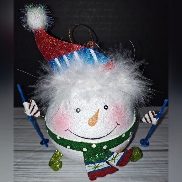 Pier 1 Imports 5.5" Glitter Skiing Snowman Ball Christmas Holiday Tree Ornament - Picture 5 of 9